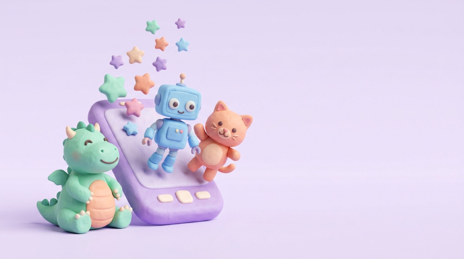 Пластилиновые дракон, робот и кот у телефона